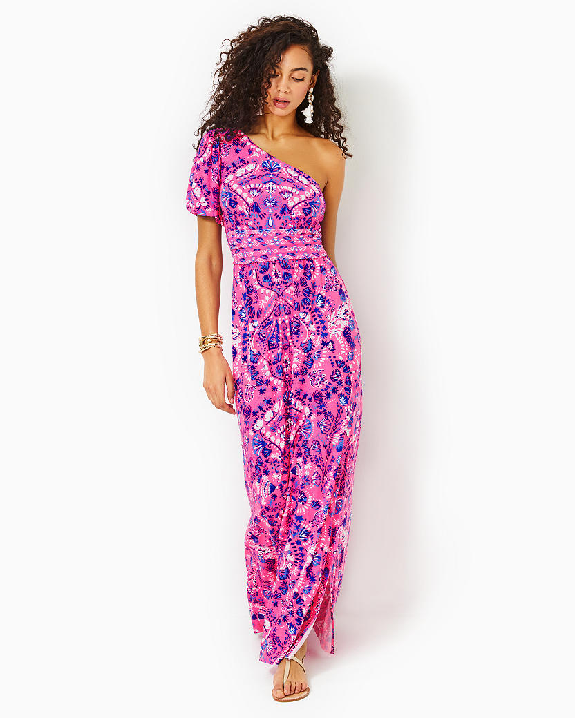 SOLANA ONE SHOULDER MAXI - HAVANA PINK - TURTLE TIDEPOOL ENGINEERED KNIT DRESS