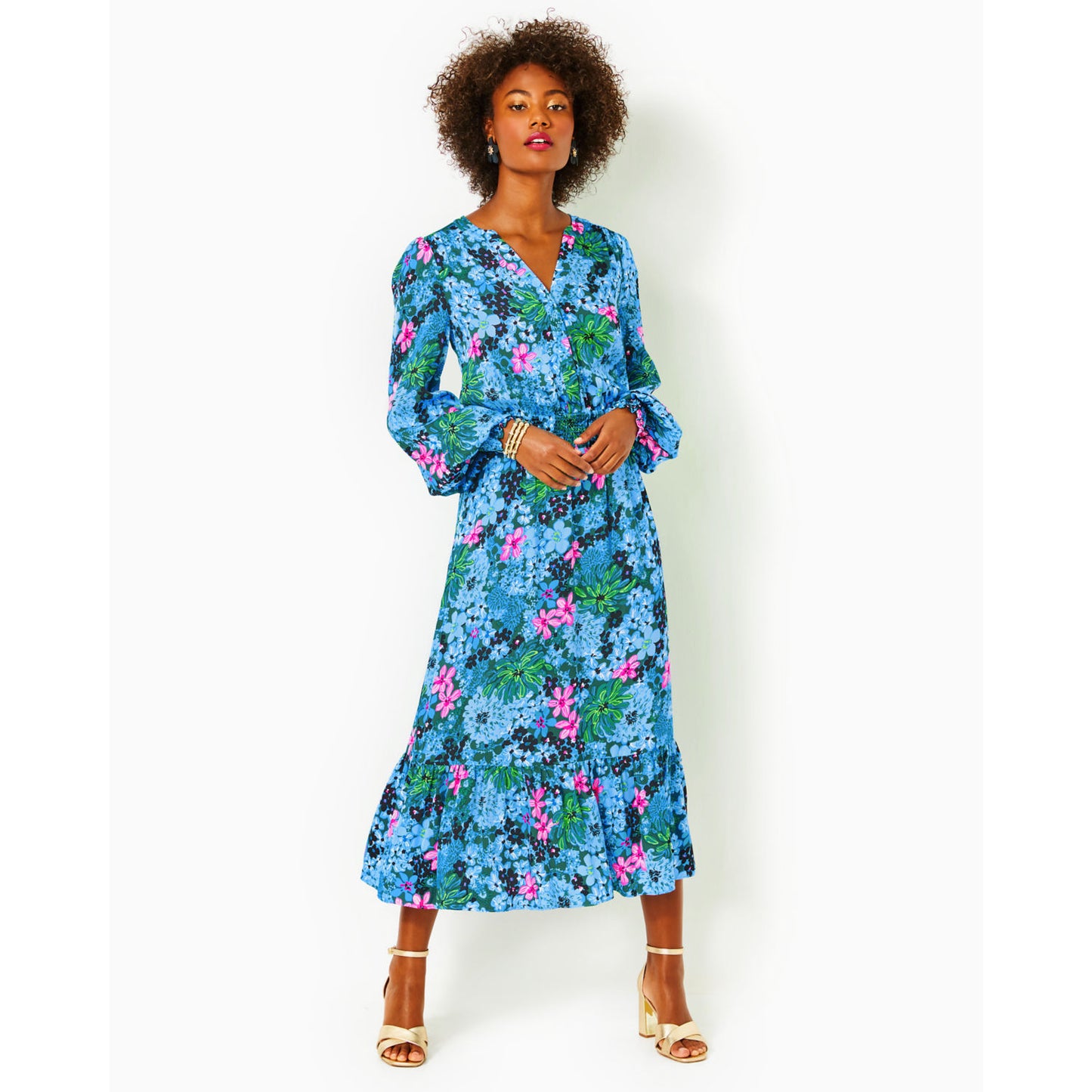 LOUBELLA LONG SLEEVE FLORAL MIDI DRESS