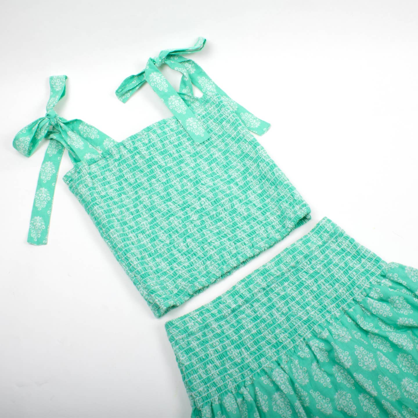 Green Block Print Smocked Tie Top & Skirt Set