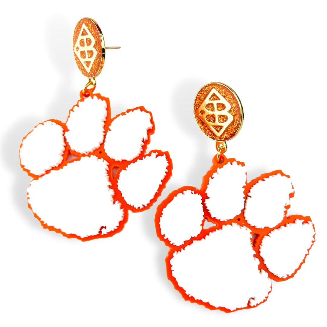 Whtie and Orange Clemson Paw Earrings