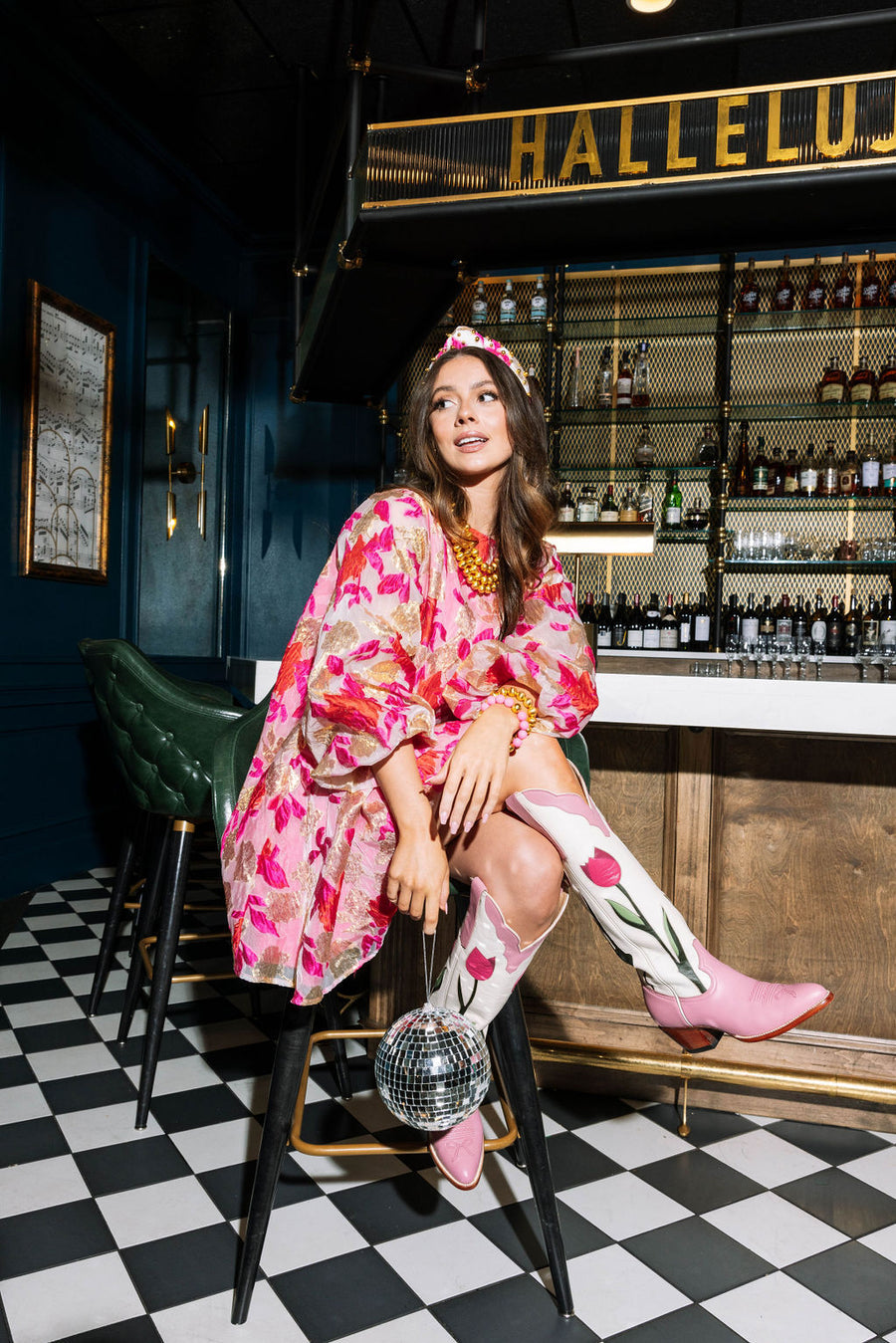 Bell Dress Pink and Gold Floral Brocade