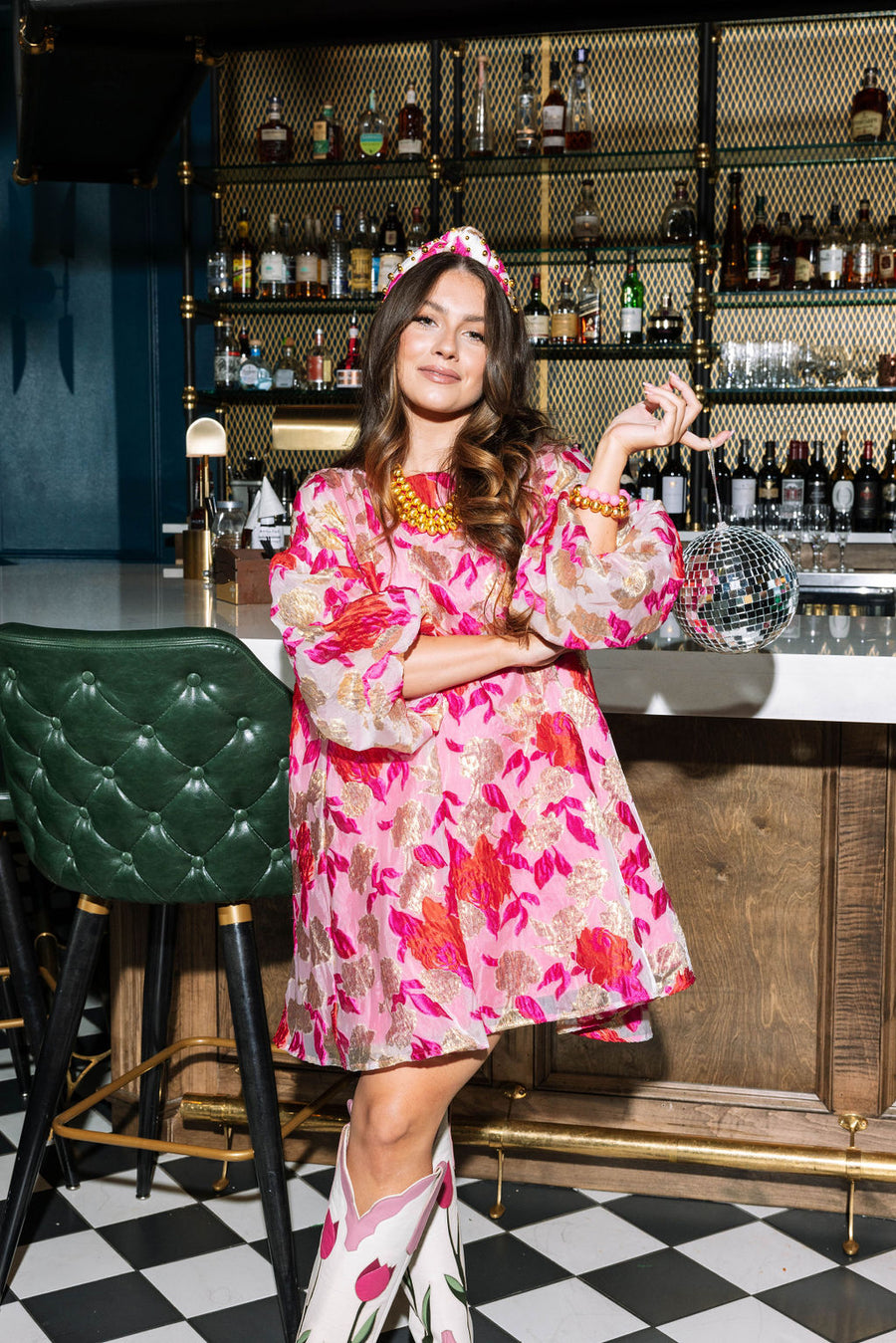 Bell Dress Pink and Gold Floral Brocade