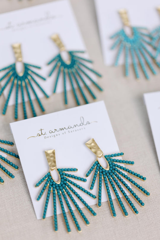 Dark Turquoise Sunburst Statement Drop Earrings