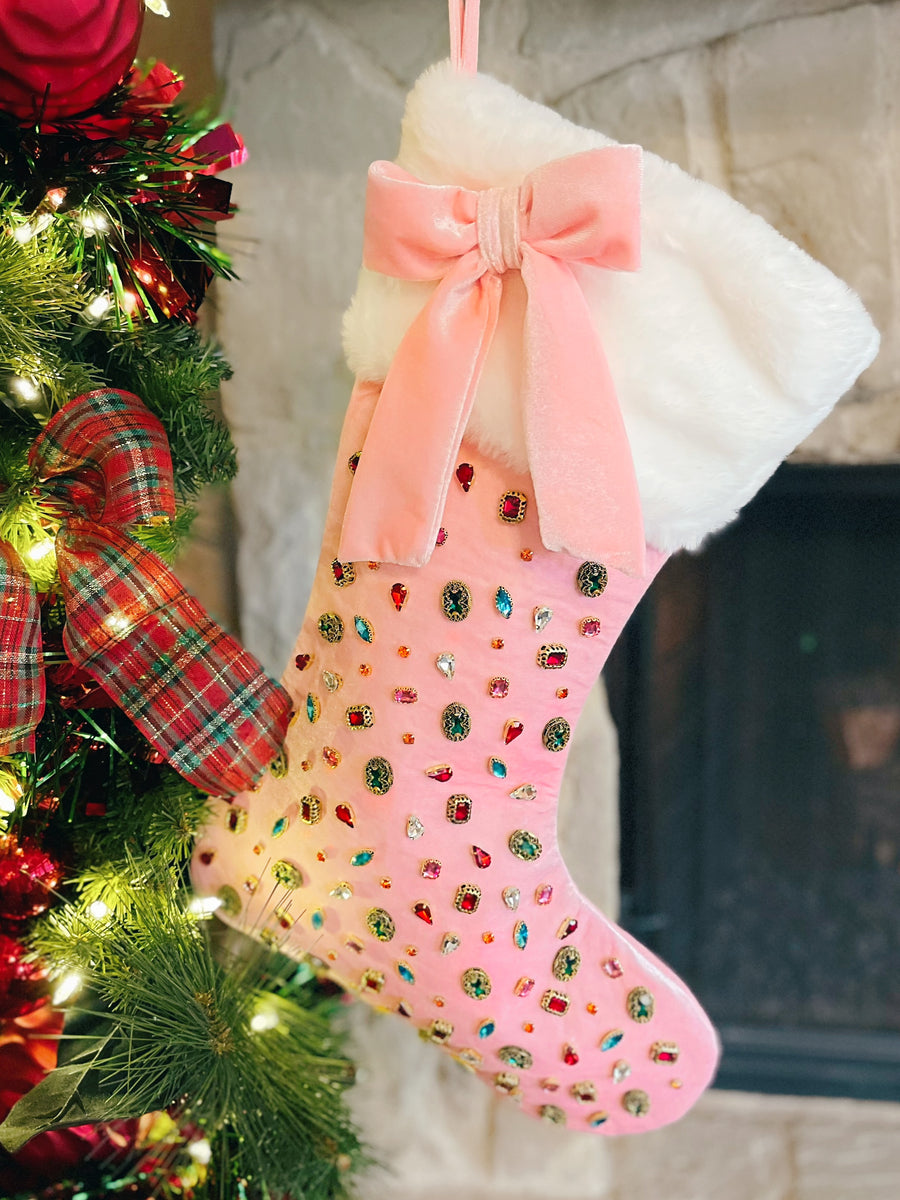 Pink Bejeweled Velvet Christmas Stocking with Bow