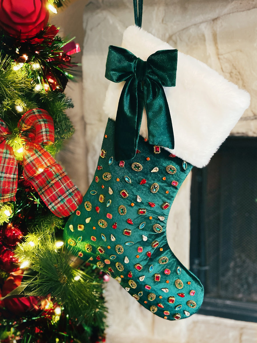 Dark green Bejeweled Velvet Christmas Stocking with Bow