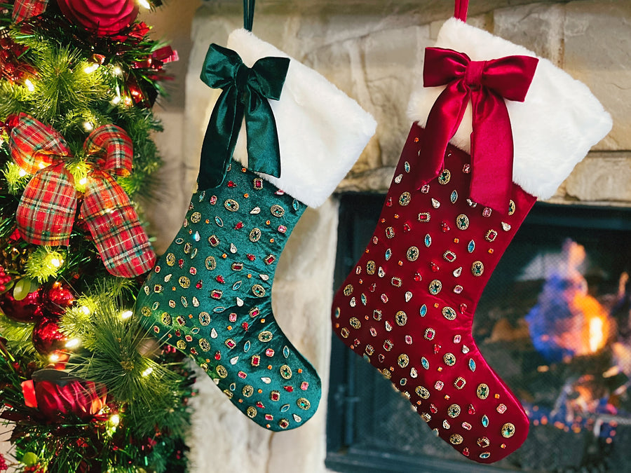 Dark green Bejeweled Velvet Christmas Stocking with Bow