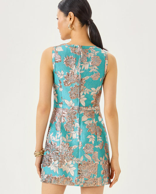 CAITIE SKIRTED BOTTOM ROM - TANGIER TEAL - FLORAL FLING METALLIC JACQUARD