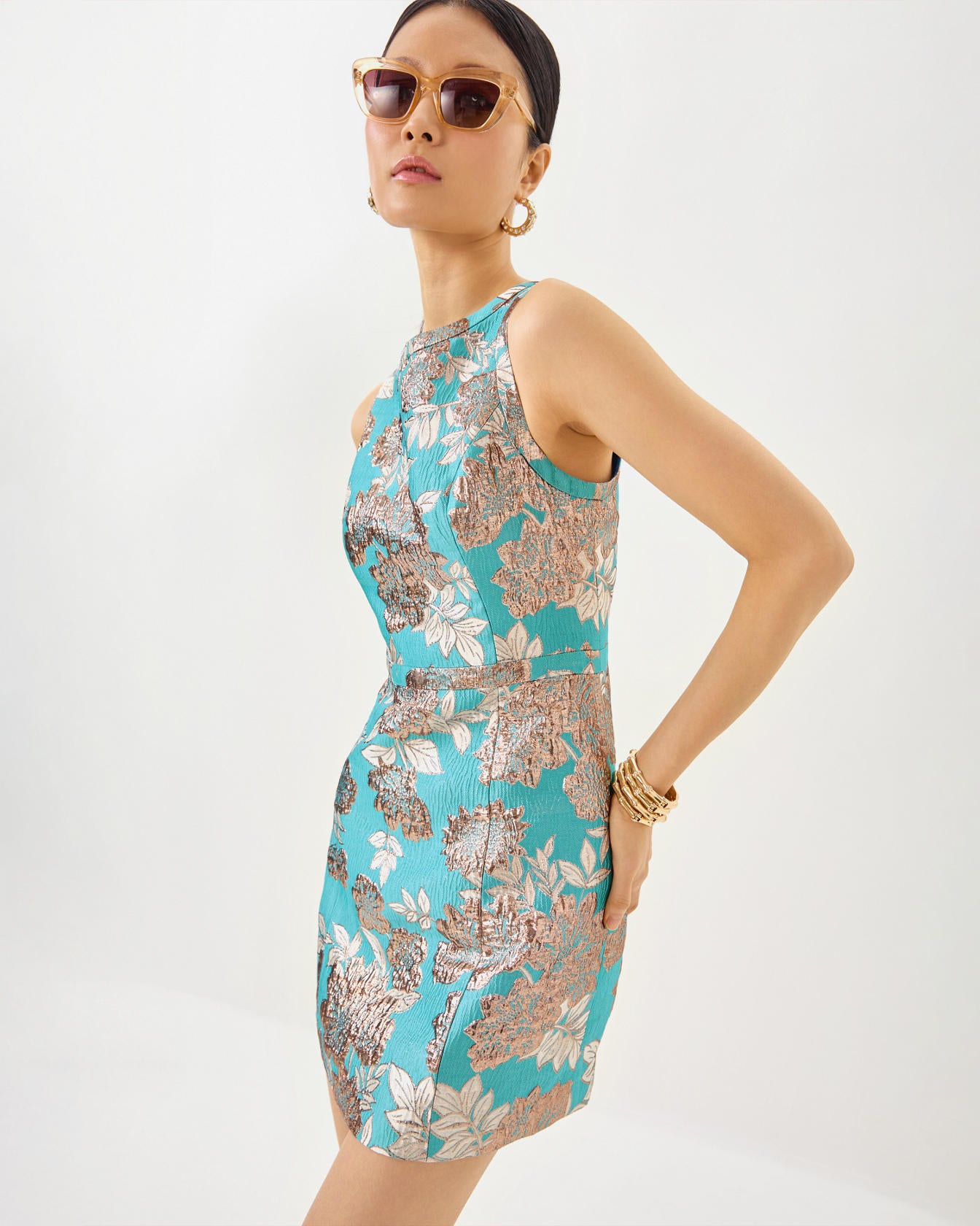 CAITIE SKIRTED BOTTOM ROM - TANGIER TEAL - FLORAL FLING METALLIC JACQUARD
