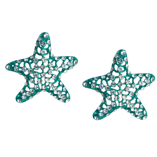 Green Rhinestone Starfish Statement Earrings