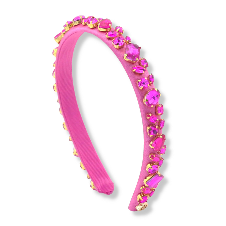 Thin Hot Pink Headband with Hot Pink Hand-Sewn Crystals