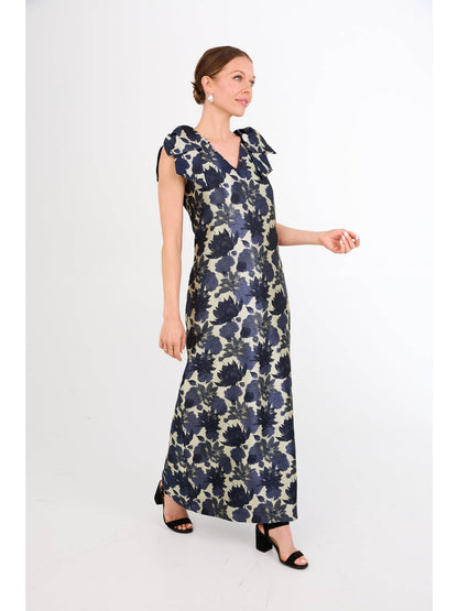 Meredith Gown Ivory and Navy Floral Silhouette Jacquard