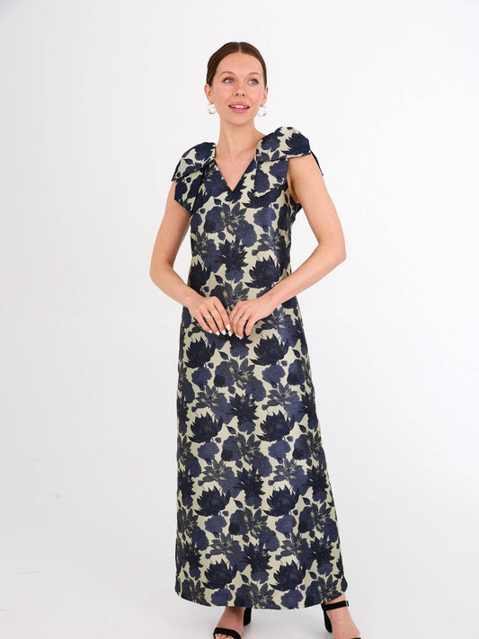 Meredith Gown Ivory and Navy Floral Silhouette Jacquard