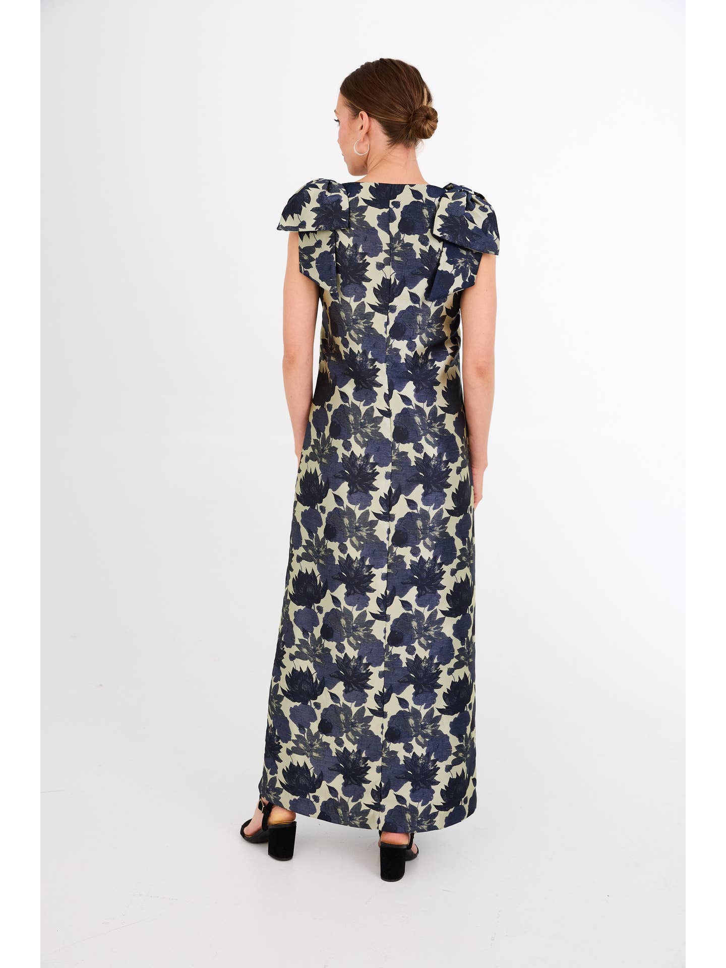 Meredith Gown Ivory and Navy Floral Silhouette Jacquard