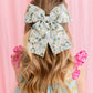 Light Blue & White Floral Barrette Bow with Crystals