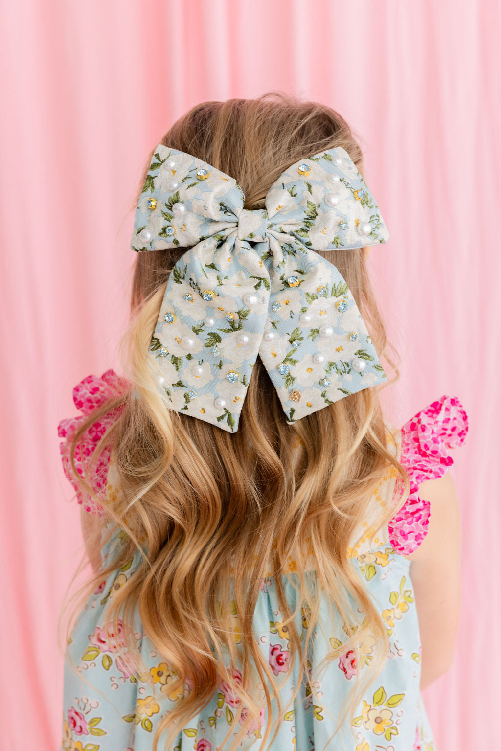 Light Blue & White Floral Barrette Bow with Crystals