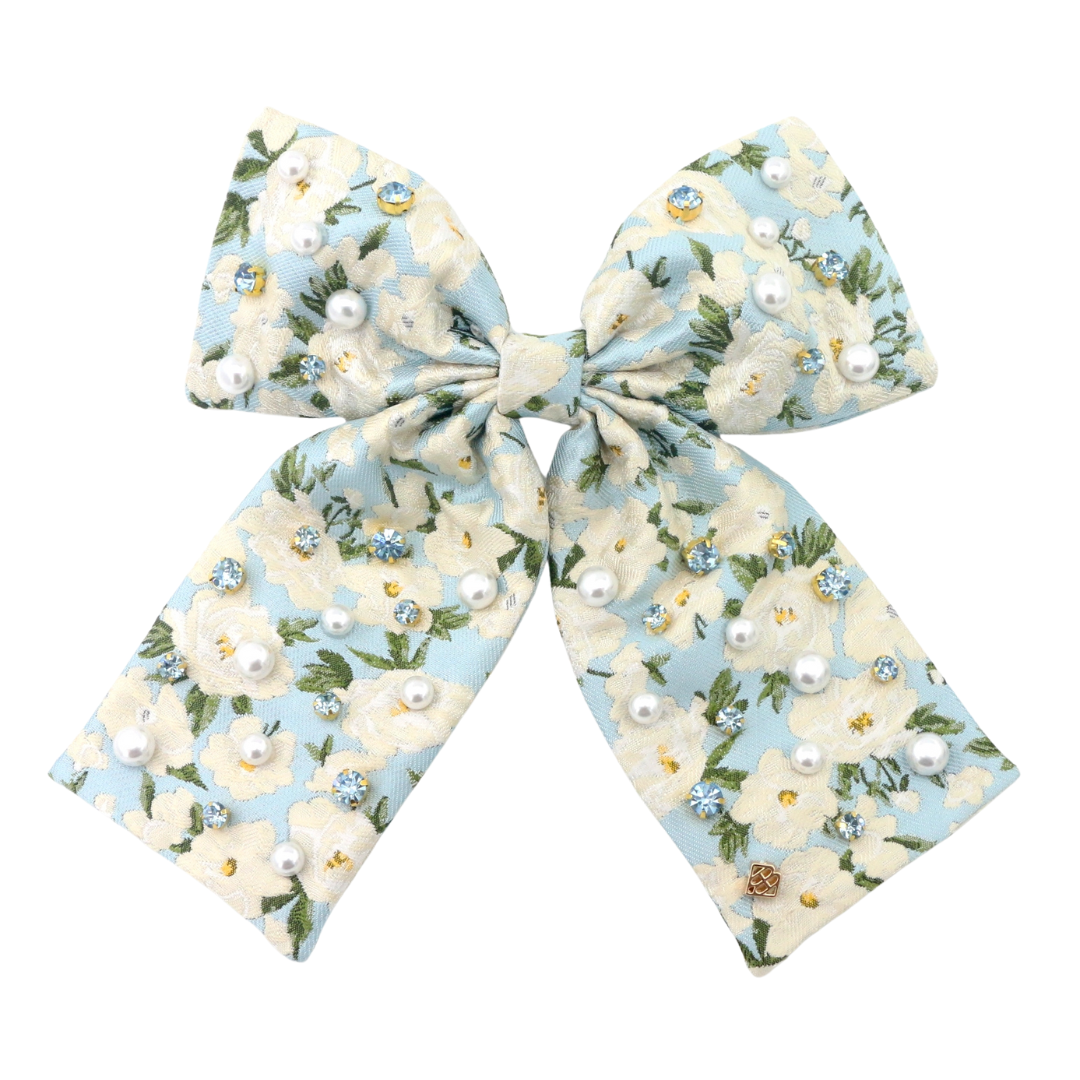 Light Blue & White Floral Barrette Bow with Crystals