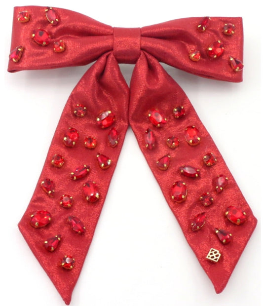 Red Shimmer Bow Barrette w/ Crystals