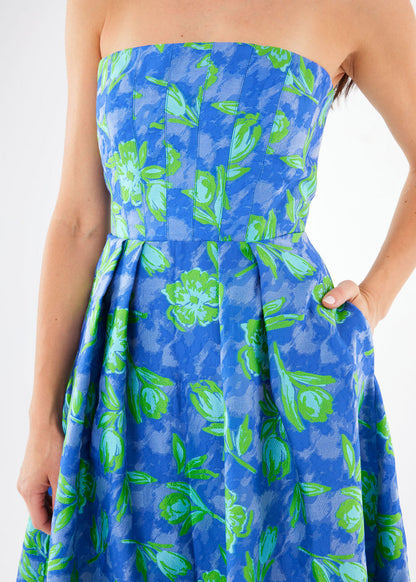 Catherine Dress Cobalt Tropical Tulip Jacquard