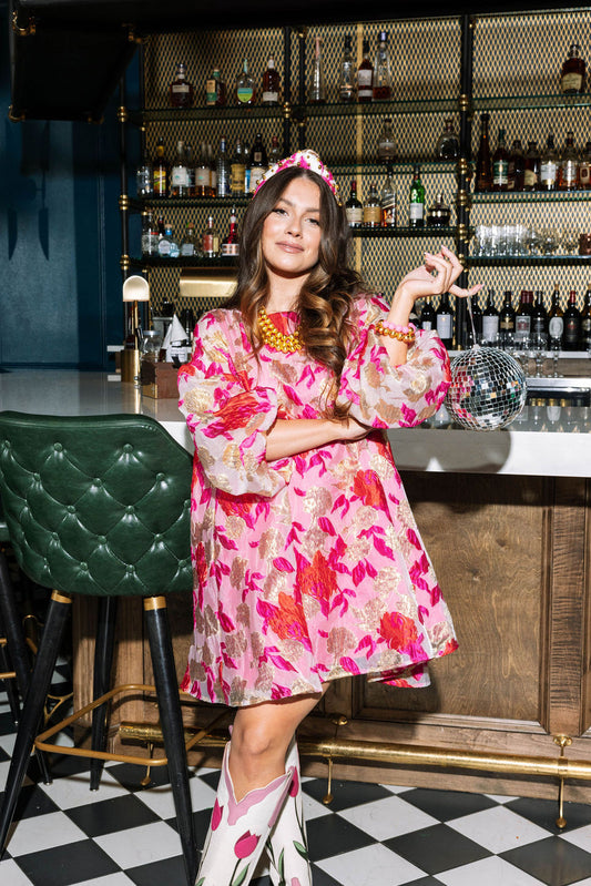 Bell Dress Pink and Gold Floral Brocade