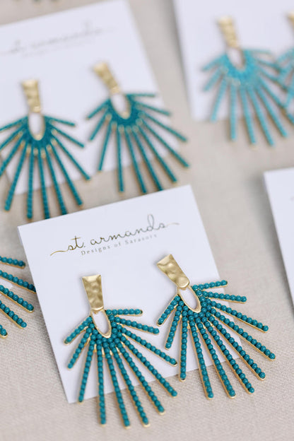 Dark Turquoise Sunburst Statement Drop Earrings