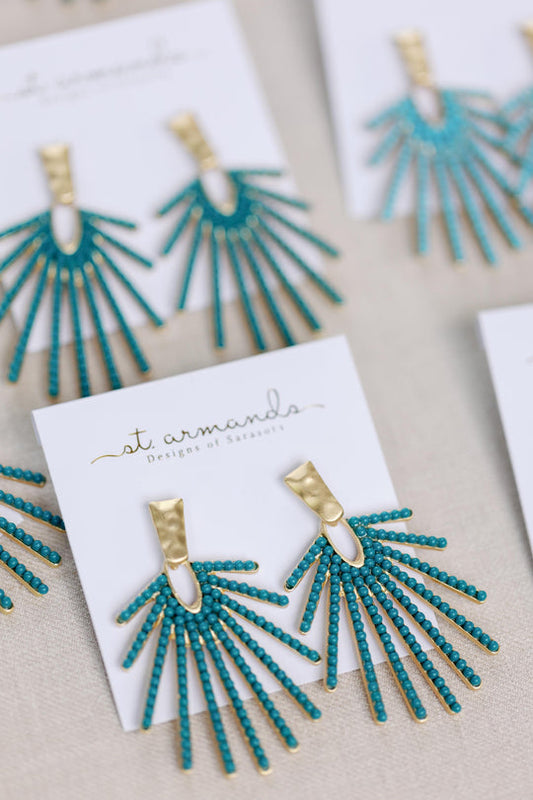 Dark Turquoise Sunburst Statement Drop Earrings