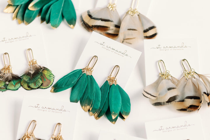 Emerald Gold Dipped Feather Statement Earrings