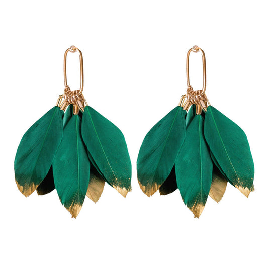 Emerald Gold Dipped Feather Statement Earrings