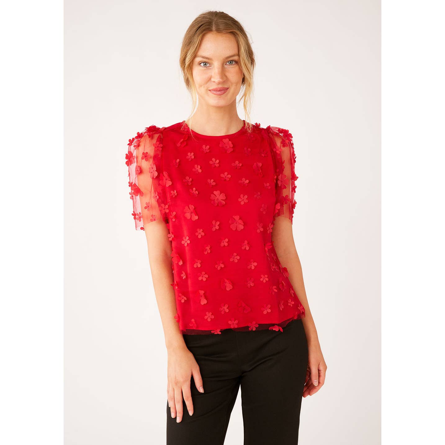 Marty Top Red Floral Applique Tulle