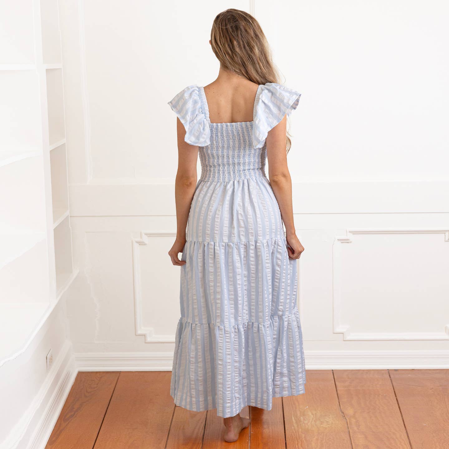 Blue & White Textured Stripe Smocked House Dress