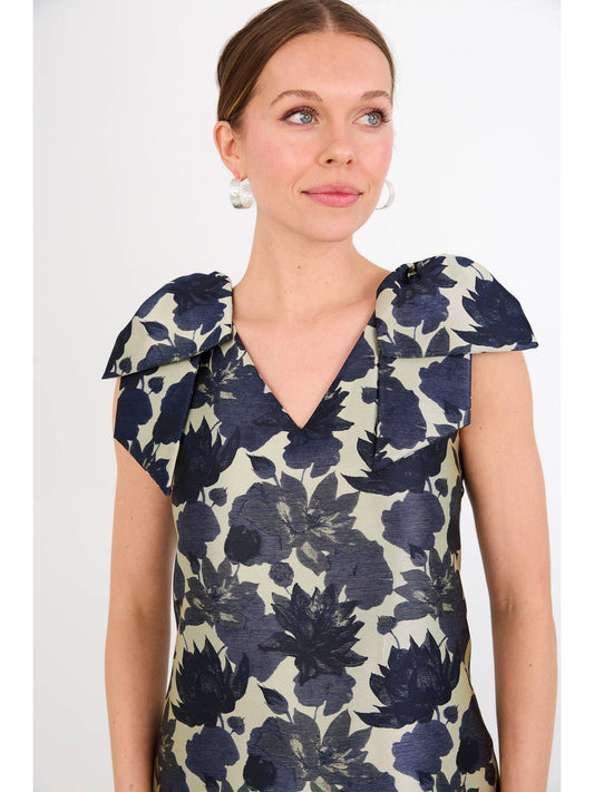 Meredith Gown Ivory and Navy Floral Silhouette Jacquard