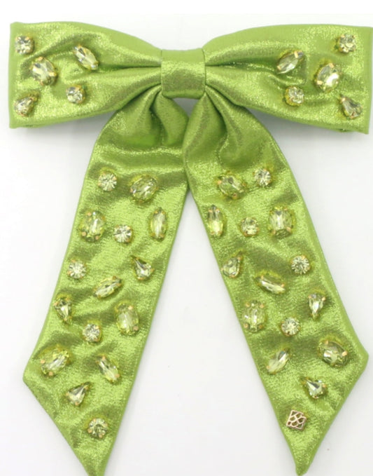 Green Shimmer Bow Barrette w/ Crystals