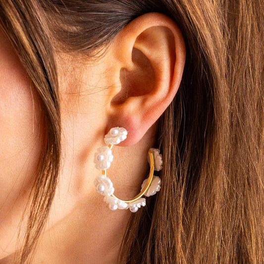 Hoop Earrings - Small - Gold-Plated w/Pearl Flowers - Amelia