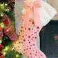Pink Bejeweled Velvet Christmas Stocking with Bow