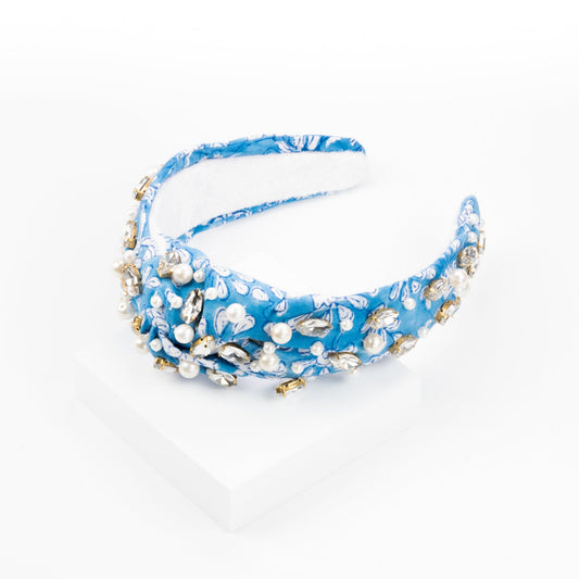 BLOCKPRINT HEADBAND WITH GEMS IN CAROLINA BLUE