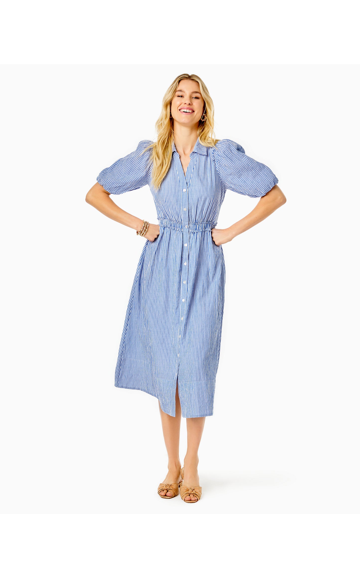 TASSIE ELBOW SLEEVE COTTON MIDI DRESS