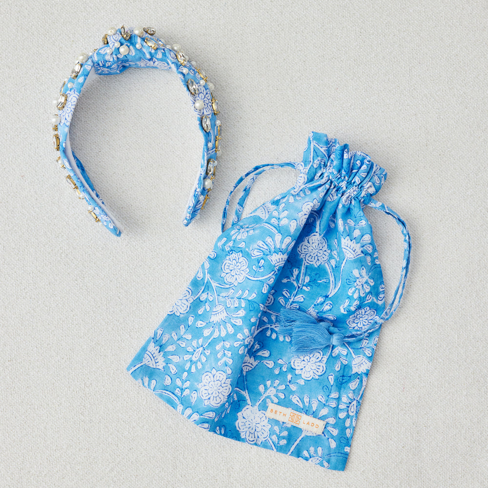 BLOCKPRINT HEADBAND WITH GEMS IN CAROLINA BLUE