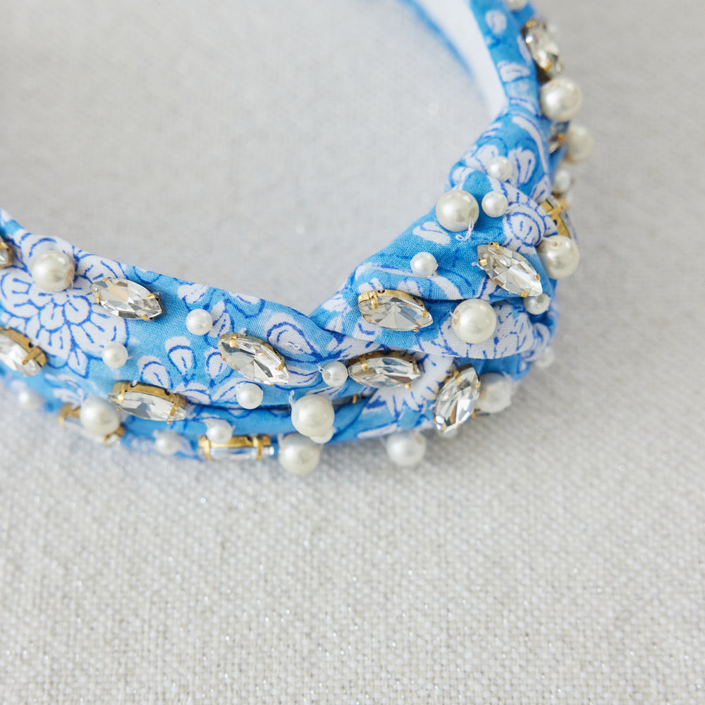BLOCKPRINT HEADBAND WITH GEMS IN CAROLINA BLUE